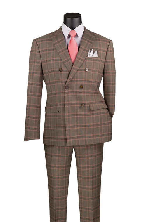 Vinci Modern Trim Fit Double-Breasted Suit - Brown With Peach Glenplaid