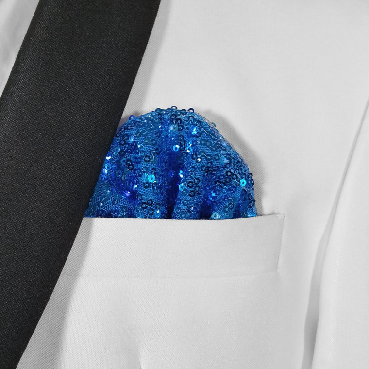 Men's French Blue Sequin Pre-Folded Pocket Square Insert - Fan Design