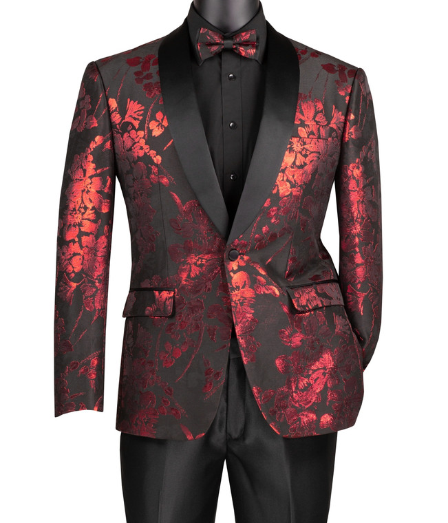 Vinci Red Fancy Floral Jacquard Sportcoat with Matching Bow Tie - Slim Fit