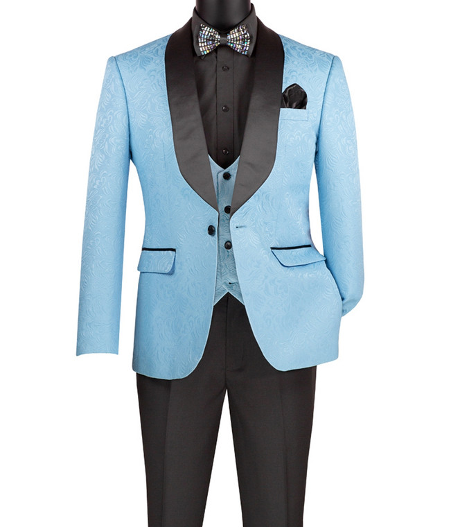 Vinci 3 Piece Light Blue Floral Embossed Tuxedo with Matching Vest - Slim Fit