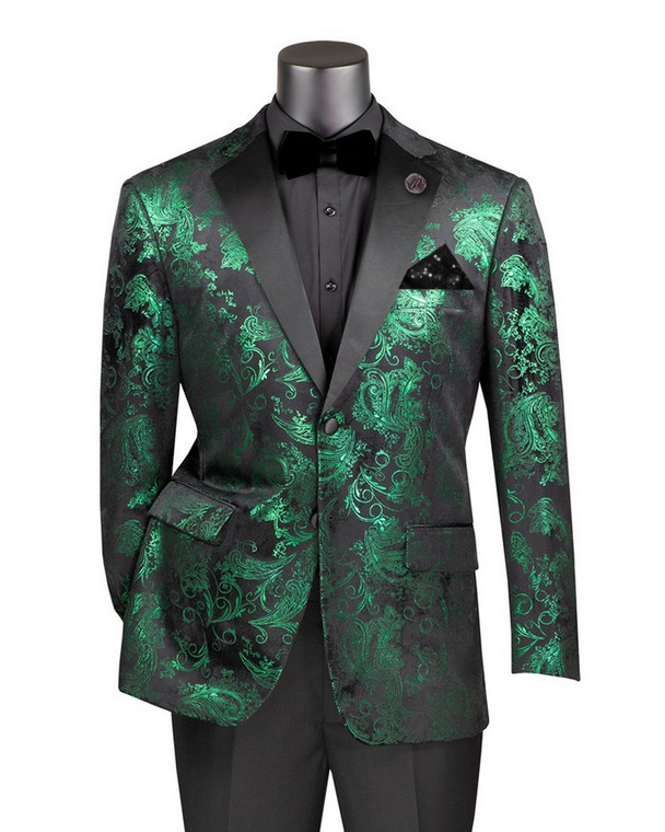 Vinci Black & Emerald Green Velvet Brocade Paisley Sportcoat - Modern Fit