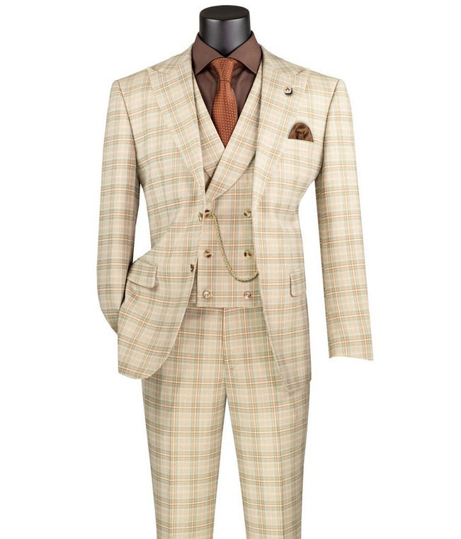 Vinci 2-Button Khaki Tan Glenplaid Suit with DB-Vest - Modern Fit