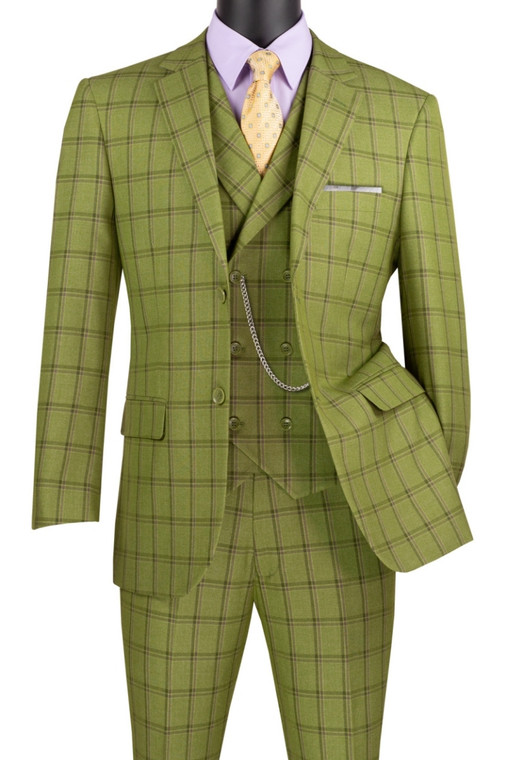 Vinci 2-Button Moss Green Glenplaid Suit with Vest - Modern Fit