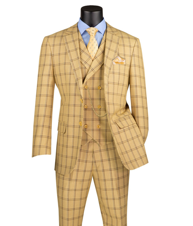 Vinci 2-Button Tan Glenplaid Suit with Vest - Modern Fit