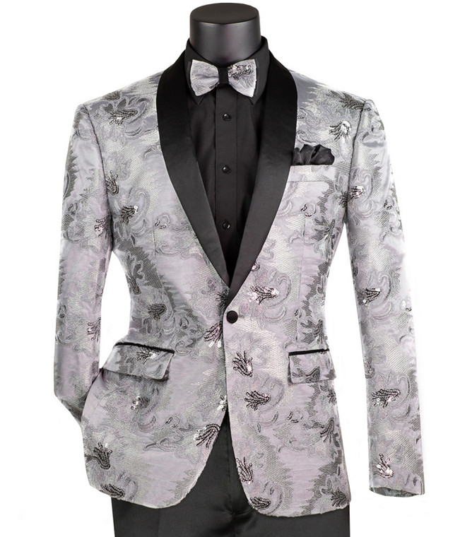 Vinci Silver Grey Ornate Stitched Sportcoat with Matching Bow Tie - Slim Fit