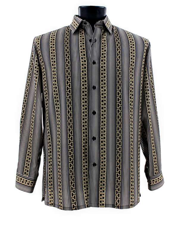 Bassiri Long Sleeve Camp Shirt - Tan & Black Vertical Greek Key Design