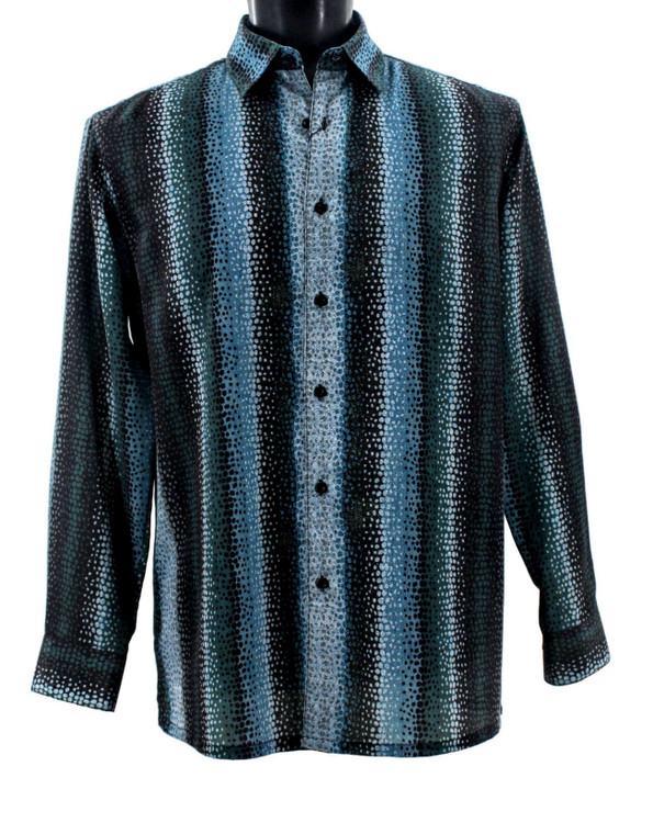 Bassiri Long Sleeve Camp Shirt - Black & Aqua Abstract Vertical Mesh Design