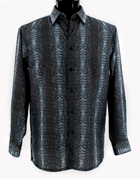 Bassiri Long Sleeve Camp Shirt - Aqua Blue & Black Webbing Pattern