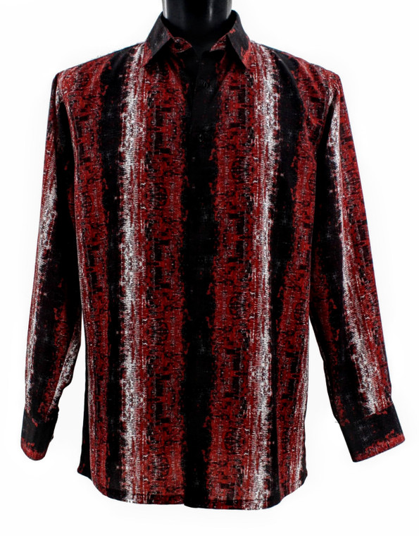 Bassiri Long Sleeve Camp Shirt - Red Vertical Brindle Design