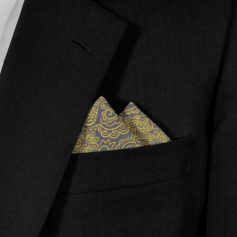 100% Cotton Pre-Folded Pocket Square Handkerchief Insert - Gold Paisley on Grey