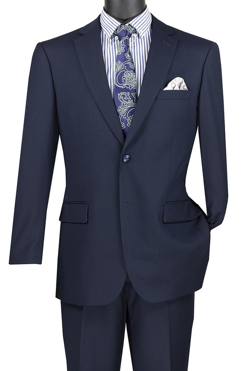 Vinci 2-Button Suit with Hidden Adjustable Waist Flat Front Slacks - Navy Blue