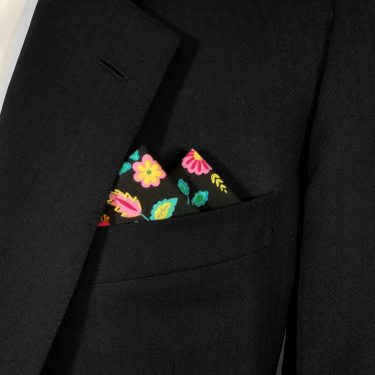 100% Cotton Pre-Folded Pocket Square Handkerchief Insert - Bright Flowers on Black