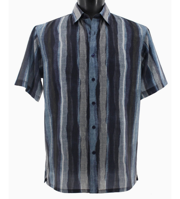 Bassiri Short Sleeve Camp Shirt - Linear Brush Strokes in Blue Tones