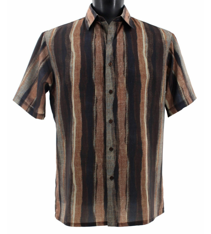 Bassiri Short Sleeve Camp Shirt - Linear Brush Strokes in Brown Tones