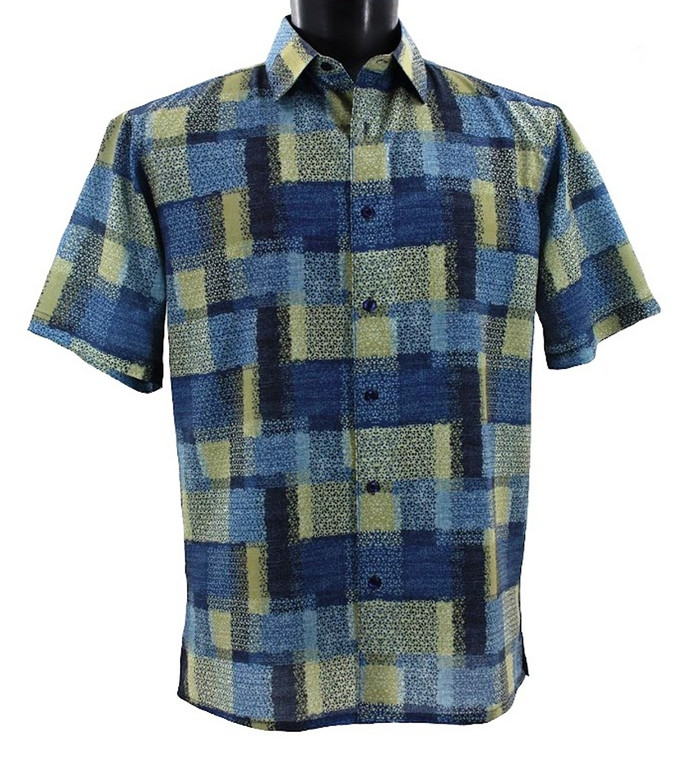 Bassiri Short Sleeve Camp Shirt - Blurred Blue & Yellow Block Design