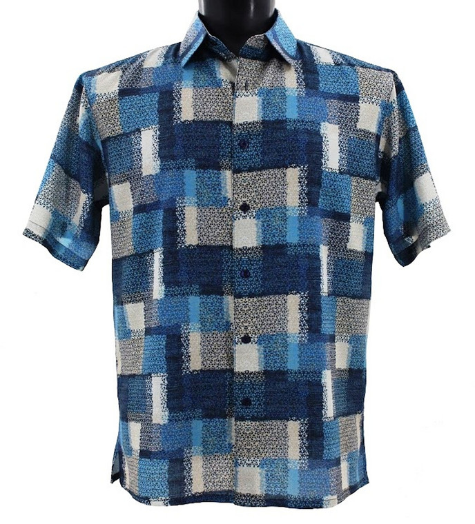 Bassiri Short Sleeve Camp Shirt - Blurred Blue & Black Block Design