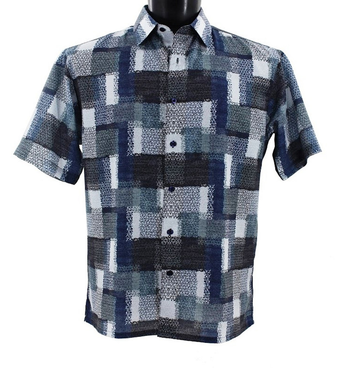 Bassiri Short Sleeve Camp Shirt - Blurred Navy & Charcoal Block Design