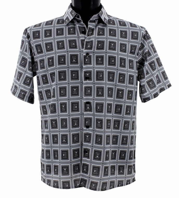 Bassiri Short Sleeve Camp Shirt - Black & White Windowpane Pattern