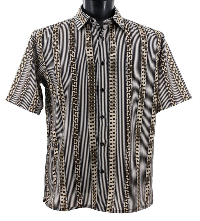  Bassiri Short Sleeve Camp Shirt - Brown & Cream Vertical Greek Key Design