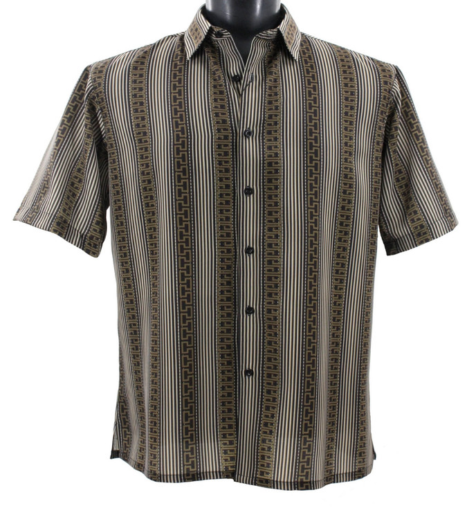 Bassiri Short Sleeve Camp Shirt - Brown & Olive Vertical Greek Key Design