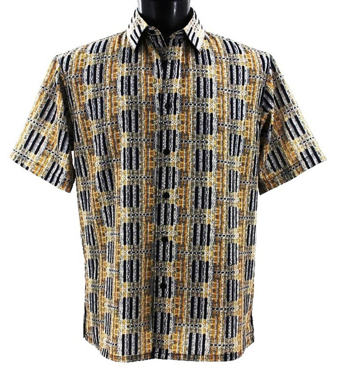 Bassiri Short Sleeve Camp Shirt - Abstract Line Design in Gold & Black