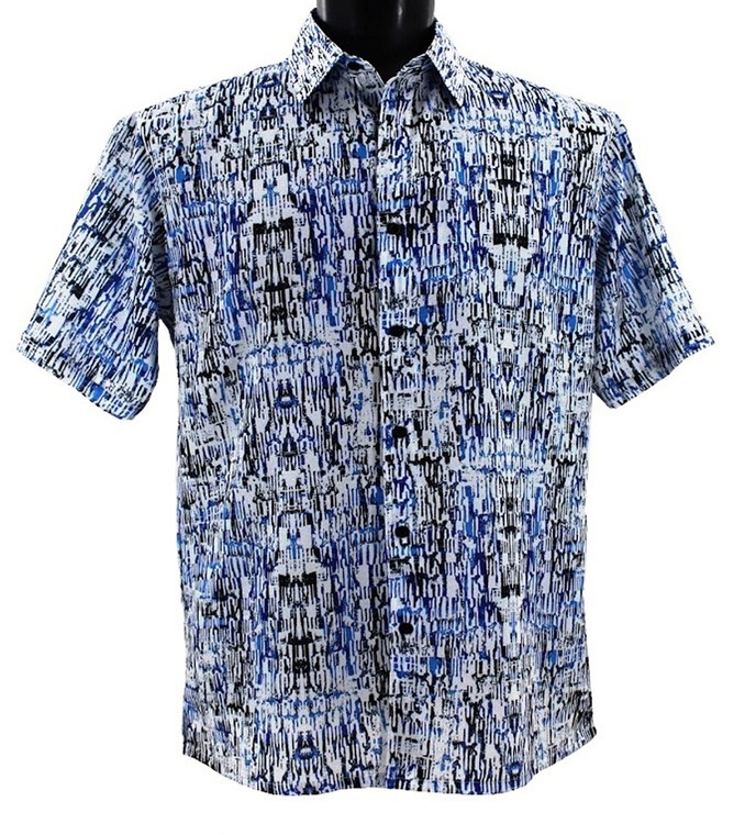 Bassiri Short Sleeve Camp Shirt - Webbing Pattern in Blue & Black