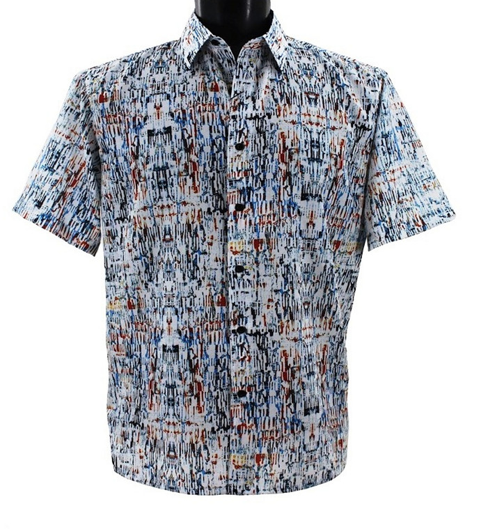 Bassiri Short Sleeve Camp Shirt - Webbing Pattern in Blue & Brown