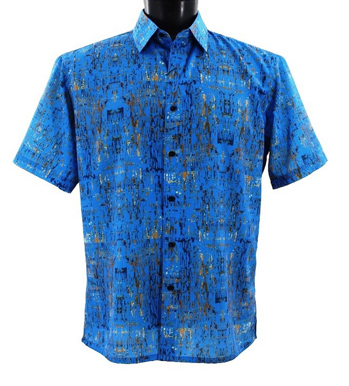 Bassiri Short Sleeve Camp Shirt - Webbing Pattern in Tan & Blue