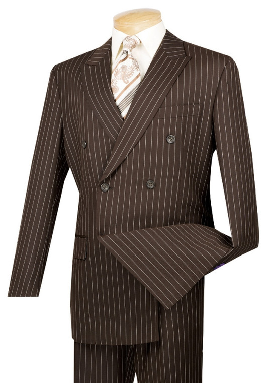 Clearance: Vinci Brown Bold Pinstripe Double-Breasted Suit with Pleated Slacks