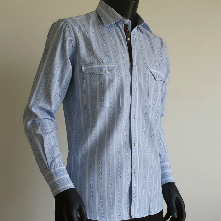 Leonardo Valenti Blue Design with Embroidery Slim Fit Sport Shirt - Made in Italy