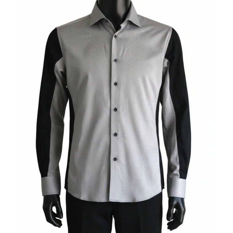 Leonardo Valenti Grey with Contrasting Black Slim Fit Sport Shirt - Made in Italy