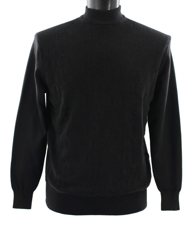 Bassiri Textured Weave Mock-Neck Cotton Blend Sweater - Black