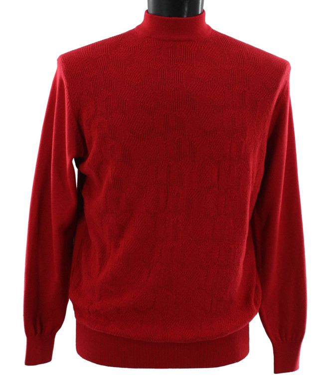 Bassiri Textured Weave Mock-Neck Cotton Blend Sweater - Red