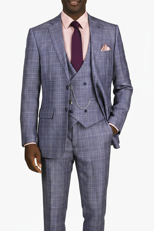 Vinci 2-Button Light Purple Glenplaid Suit with Low-Cut Vest