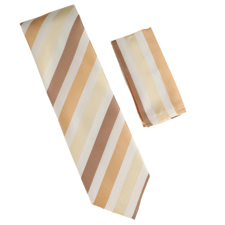 Antonia 100% Silk Tie w/Pocket Square - Tan & Ivory Stripes