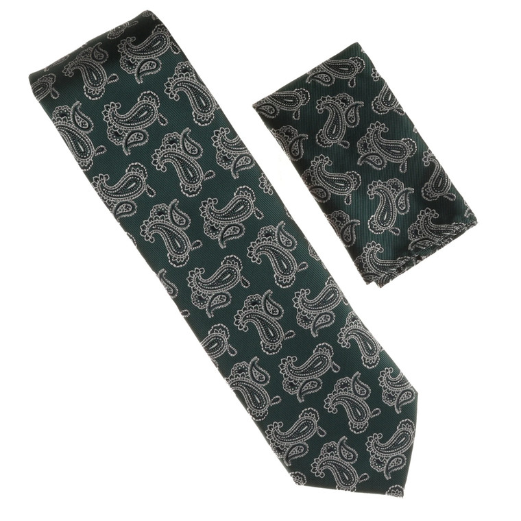 Antonia 100% Silk Tie w/Pocket Square - Dark Green with Silver Paisleys