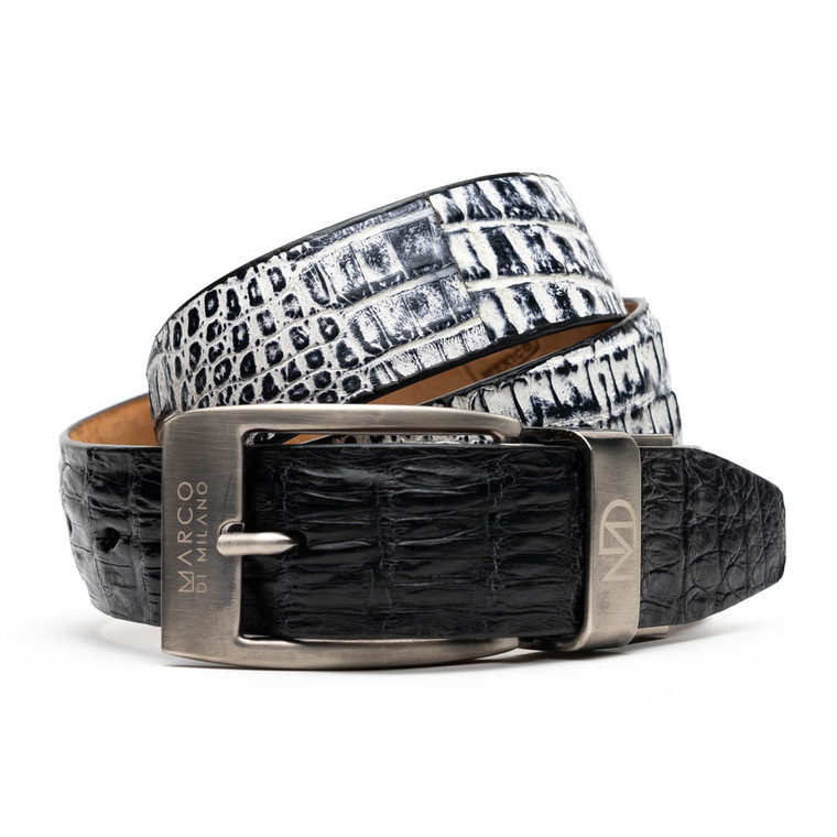 Marco di Milano Genuine Caiman Crocodile Two-Tone Dress Belt - Black/Black-White