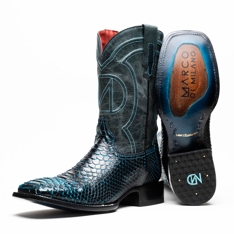 Marco di Milano Genuine Python Square Toe Western Boot - Black & Blue