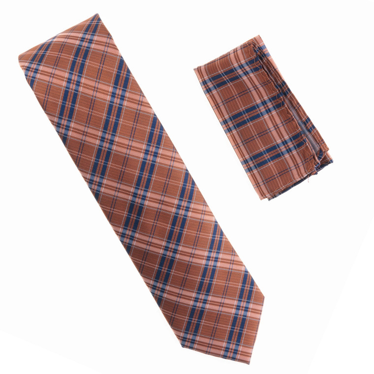 Antonia 100% Silk X-Long Tie w/Pocket Square - Blue & Salmon Tone Plaid