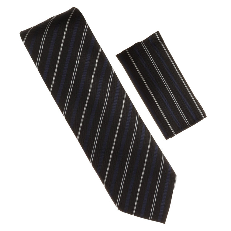 Antonia 100% Silk Tie w/Pocket Square - Black with Silver & Navy Stripe
