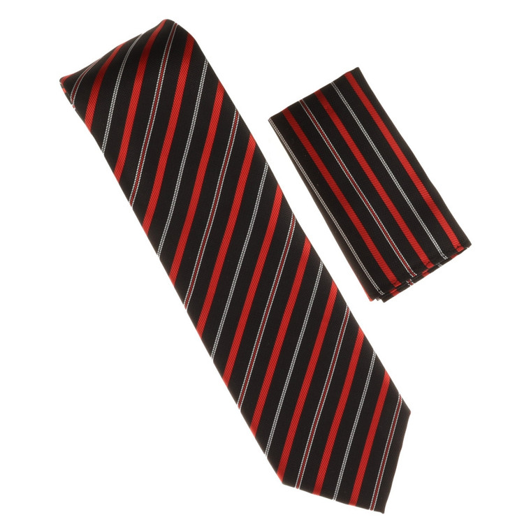 Antonia 100% Silk Tie w/Pocket Square - Black with white & Red Stripe