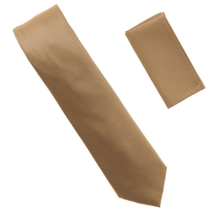 Antonia 100% Silk Pin Dot Weave X-Long Necktie with Pocket Square - Light Gold