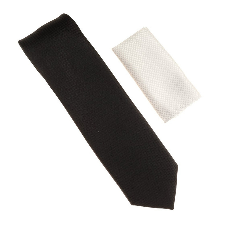 Antonia 100% Silk Black Grid Weave Necktie with White Pocket Square