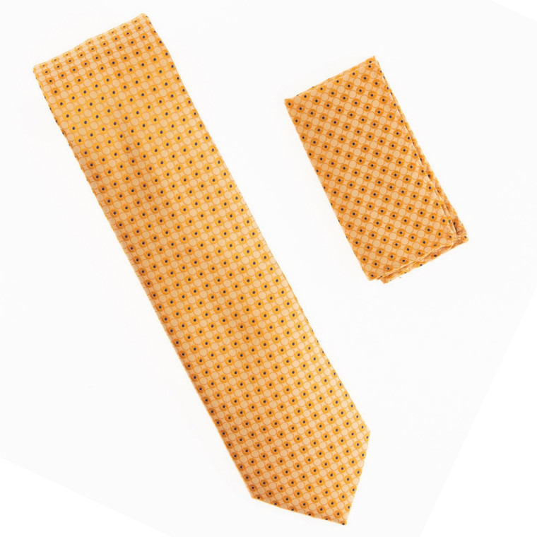 Antonia 100% Silk X-Long Tie w/Pocket Square - Gold with Blue Circle Dots