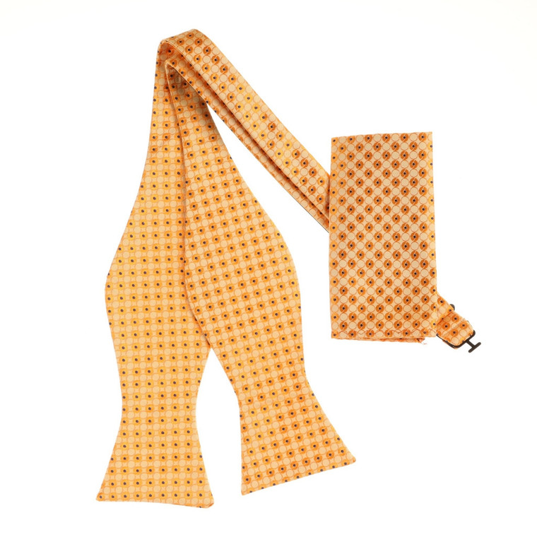 Gold with Blue Circle Dots Self Tie 100% Silk Bow Tie Set