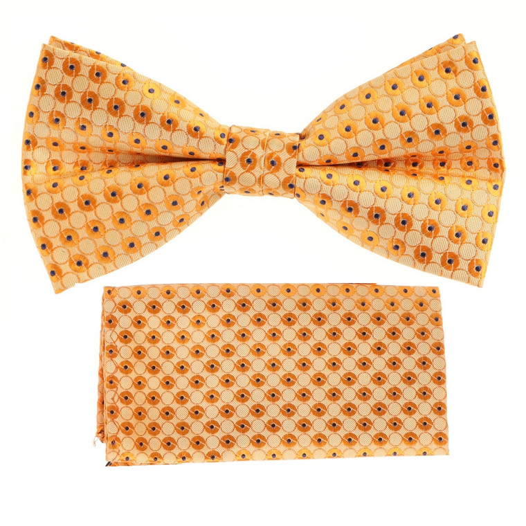 Gold with Blue Circle Dots Pre-Tied Silk Bow Tie Set