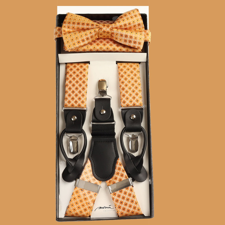 Gold with Blue Circle Dots Suspenders with Matching Silk Bow Tie Set