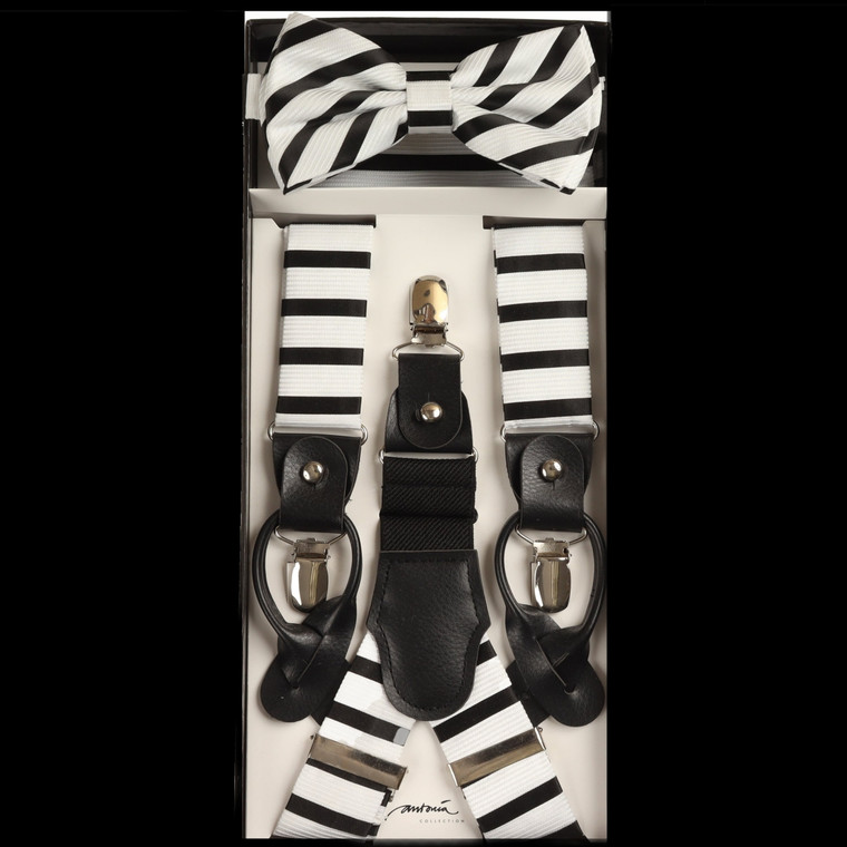 White with Black Stripes Suspenders with Matching Silk Bow Tie Set