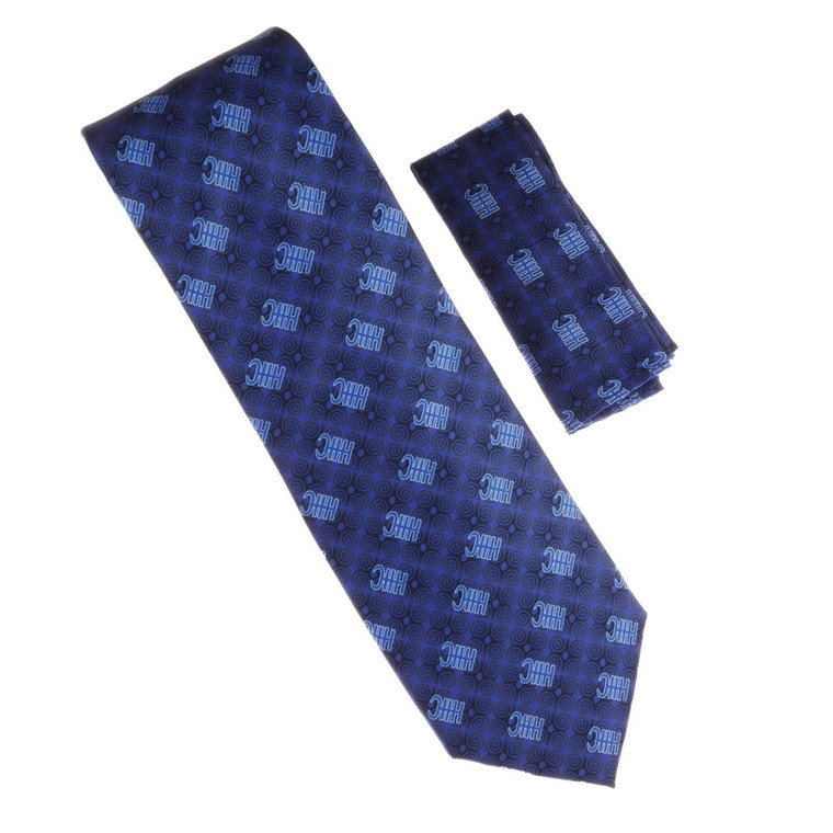 100% Printed Silk Necktie with Pocket Square - African Adinkra Symbol in Blue Tones
