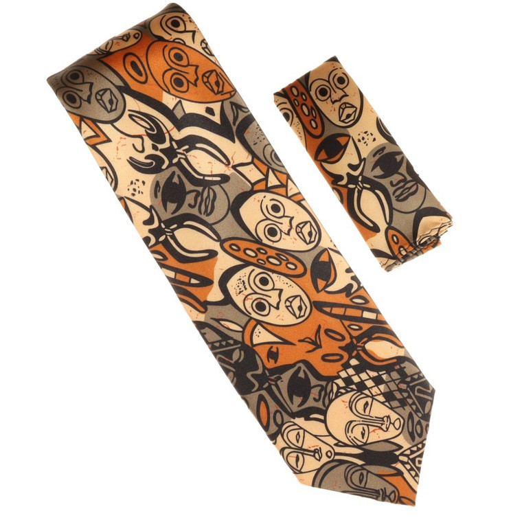 100% Printed Silk Necktie with Pocket Square - Abstract African Masks
